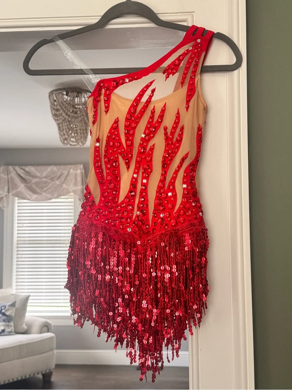 Glamour Jazz Red Sequin Flame Fringe Dance Costume